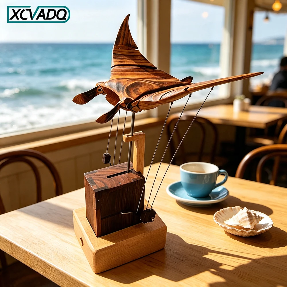 Wood Handcrafted Manta Ray Automata Animated Moving Devil Ray Statue, USB Rechargeable Mechanical Art Desktop Home Ornament