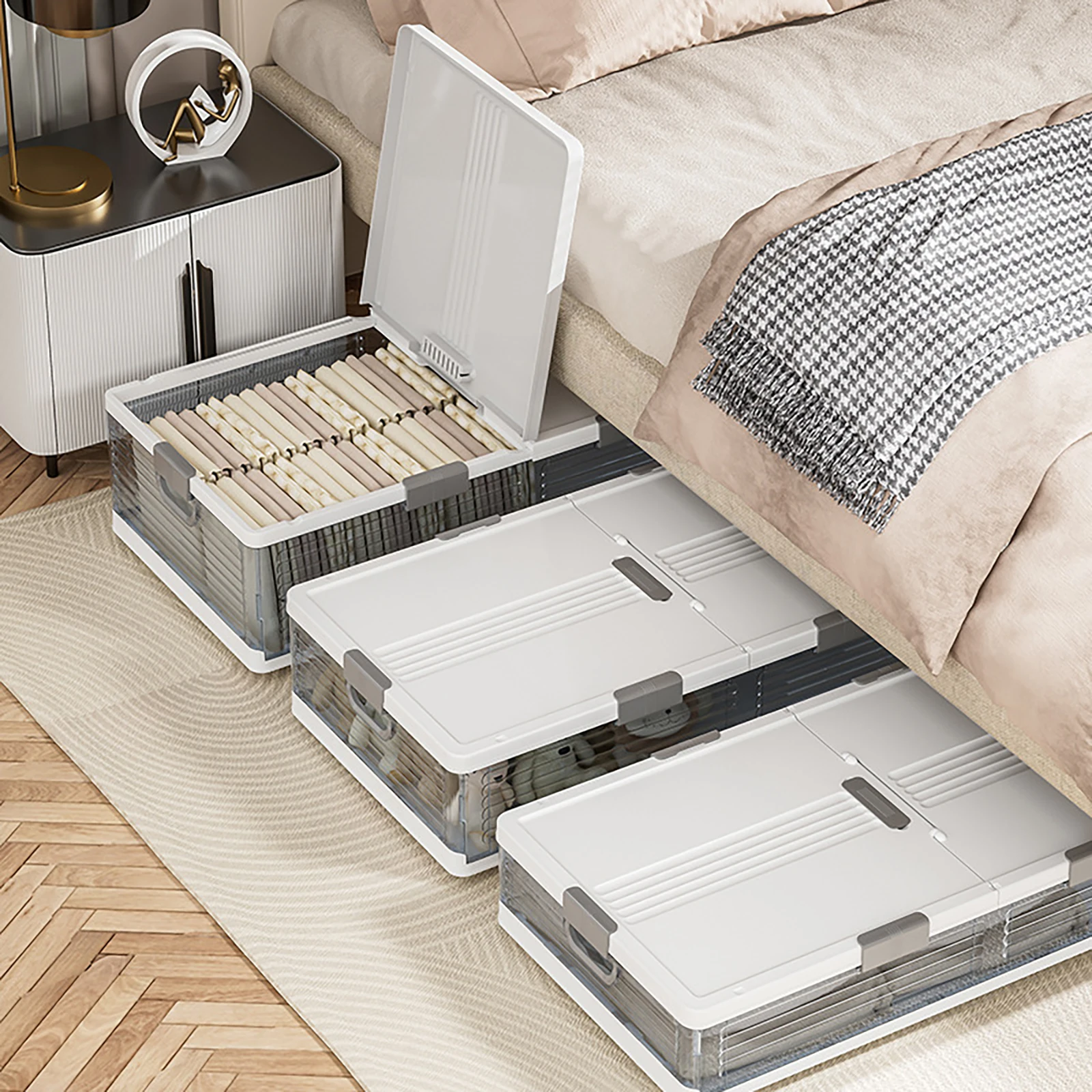 Unterbett-Aufbewahrungsbox mit Rollen & Deckeln 101*51,5*24cm Faltbarer Organizer 6 Verriegelungsschnallen Staubdicht für Decken Kleidung Spielzeug – Detail 17