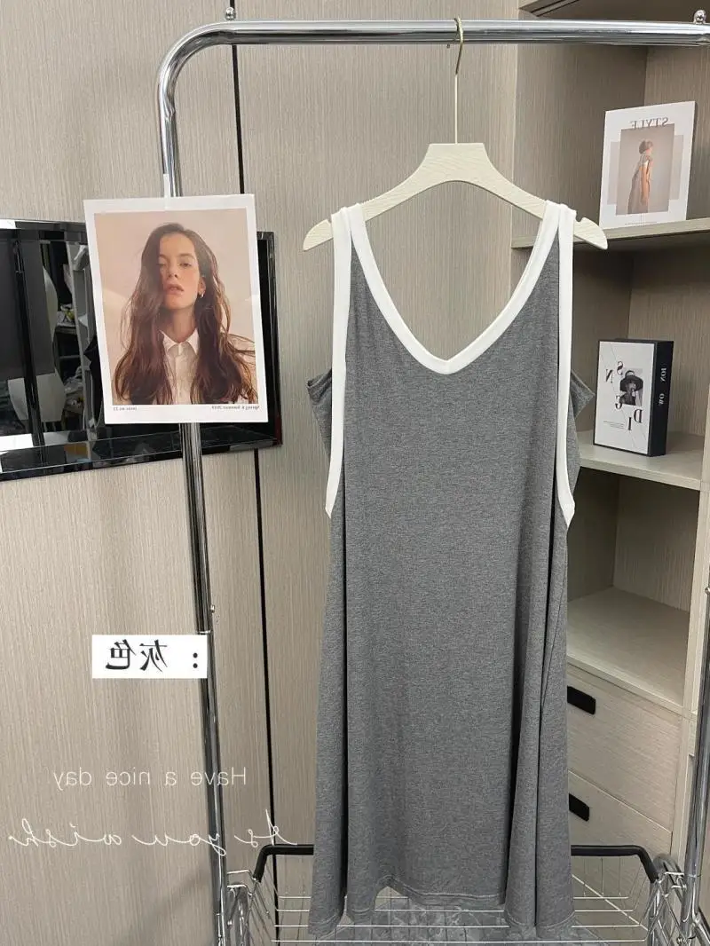 Women Slip shirts Set Pullovers Sleeveless Camisole Skirts Sweatshirt Retro Y2k Shirts Vest Waistcoat Long T-shirts Dresses