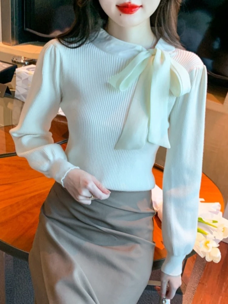 المرأة الخريف الشتاء موضة جديدة التباين اللون المرقعة الحياكة البلوفرات الكورية نمط الحلو مزاجه القوس سترة حمراء