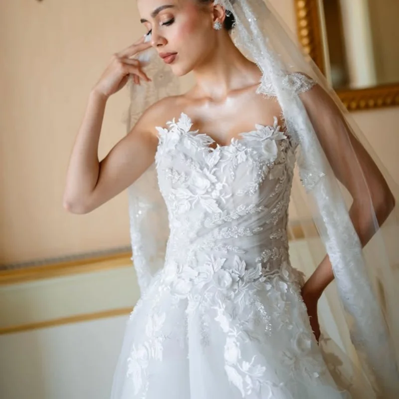 

White Appliques Wedding Dresses off-shoulder A-line 3D flower Long tail Bridal Gowns Made Customized