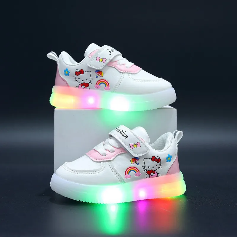 LED Kids Shoes for Girls Cute Cartoon Hello Kitty Shoes Baby Girl Kawaii Canvas Shoes Soft Bottom Sneakers Casual Shoes