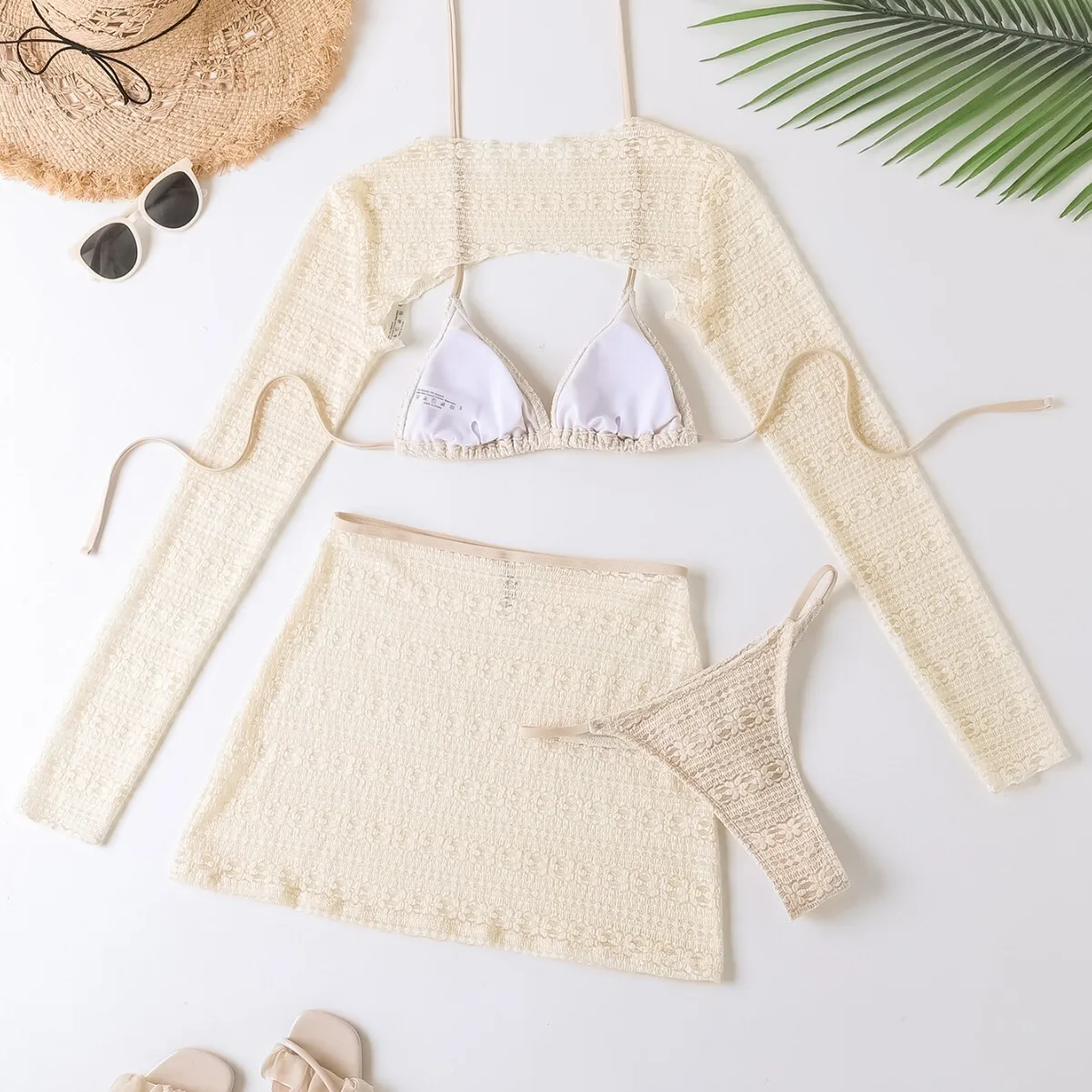 2025 ソリッドカラーの新しい首吊りセクシーな水着ハーフスカートとパーカー 4 点セット分割水泳