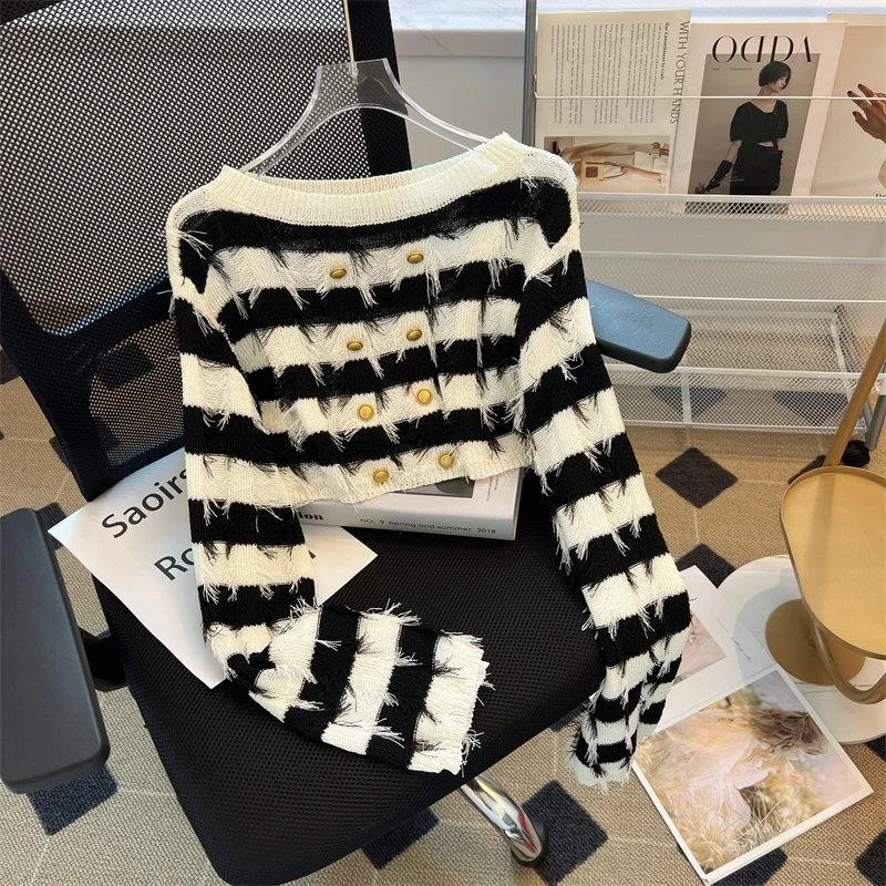 Female Fashion Striped Tassel Knitwear Double Breasted Decoration Long Sleeve Women's Spring Autumn Off Shoulder Short Top