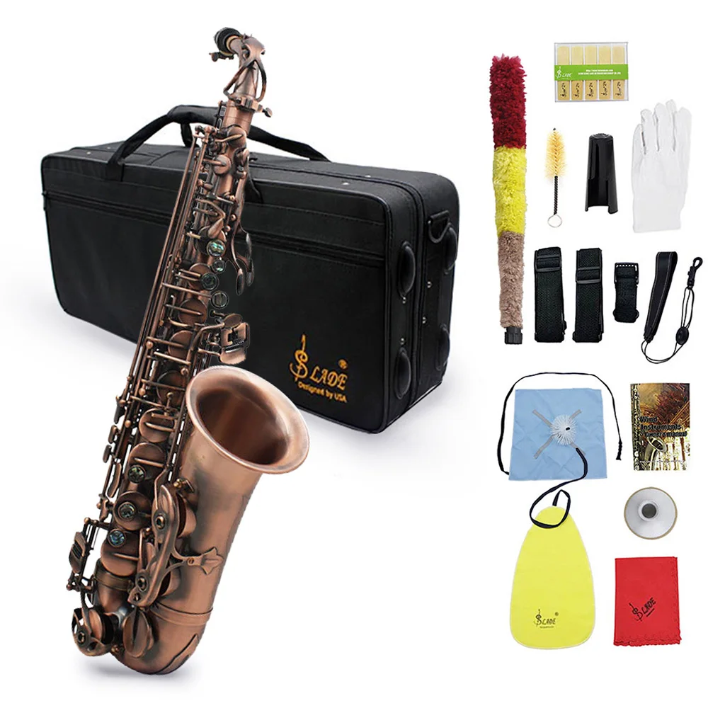 Professional Red Bronze Bend Eb E-flat Alto Saxophone Sax Abalone Shell Key Carve Pattern with Case Gloves Cleaning Cloth Straps