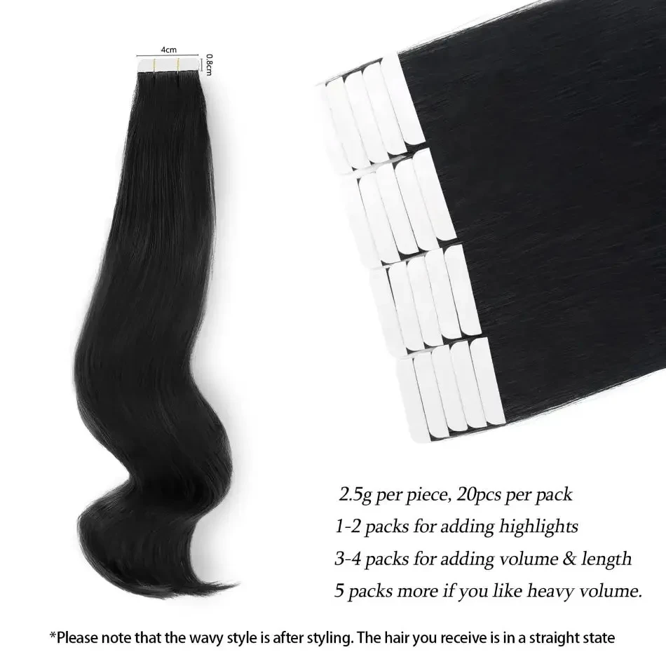 Tape In Hair Extensions Straight 100% Human Hair Real Natural Hair #1B Natural Black Brazilian Hair 20 Pcs Per Pack #1 Jet Black