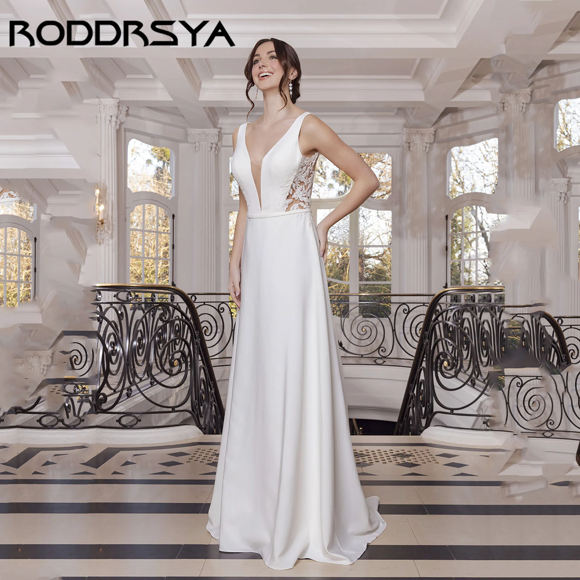 

RODDRSYA Backless Satin Wedding Dress 2025 V-neck A-line Lace Appliques Bridal Gowns Sleeveless Modern robe de mariée Customized