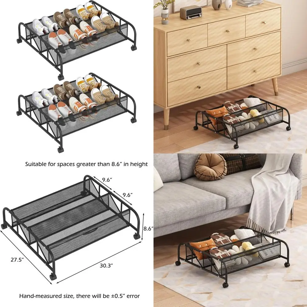 

Underbed 2-Tier Woven Mesh Shoe Organizer with Wheels - Black, 2-Pack for Space-Saving Storage in Bedroom