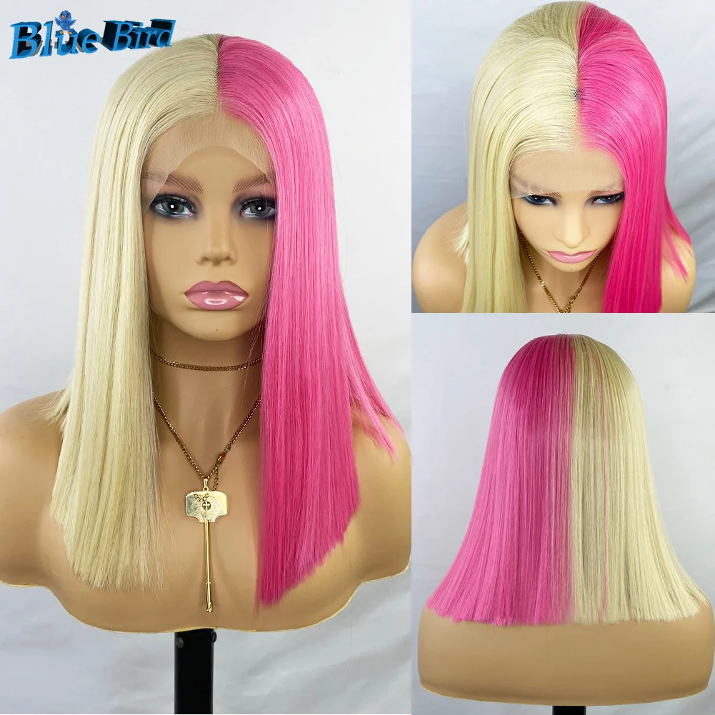 BlueBird Short 13x4 Synthetic Lace Front Wigs Half 613 Half Pink Color Futura Hair Glueless Bob Wigs For Women Heat Resistant