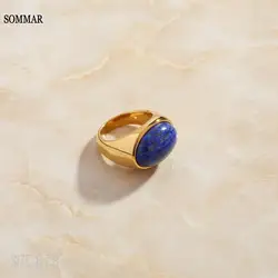 SOMMAR Hot New 18KGP Gold plated size 6 7 8 Girlfriend female ring Lapis lazuli medieval ring men ring jewelry 2024