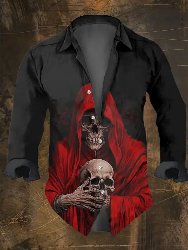 Halloween Men's Dark Skull Pri - Vintage Hawaiian Floral Shirt 评论和价格