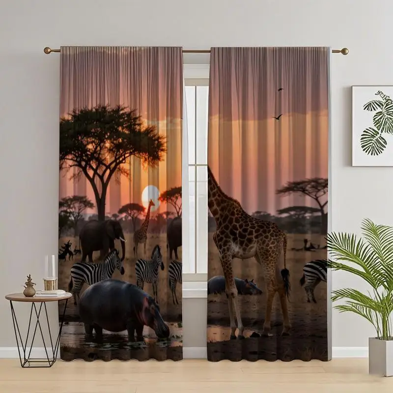 2pcs Safari Animal Print Curtains Living Room Wildlife Decor Jungle Elephant Giraffe Zebra Panels for Bedroom Curtain Pair