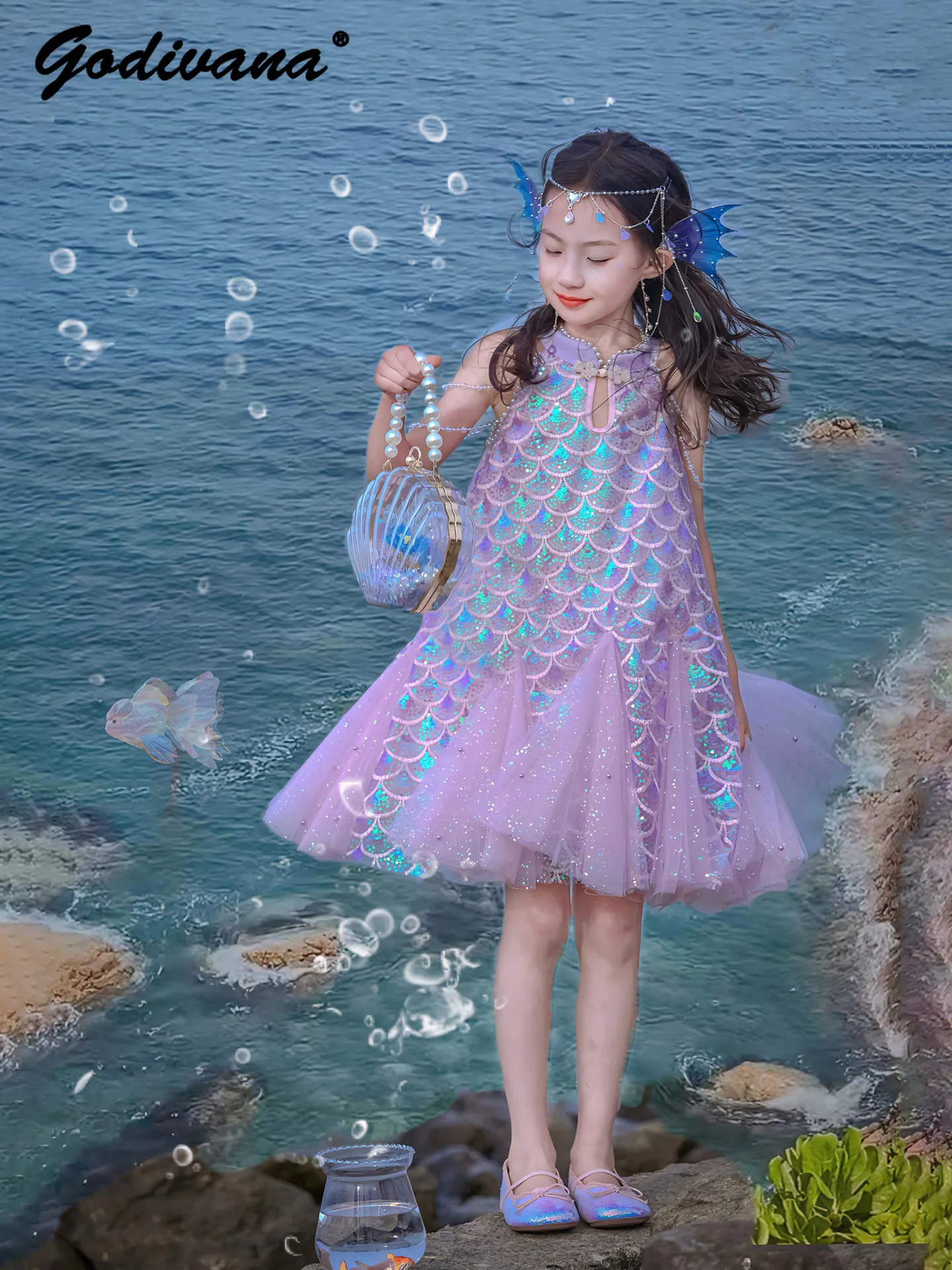 Sweet Baby Girls Summer 2026 New Fashion Mermaid Beach Vacation Sundress Kids Elegant Sequin Pearls Chain Mesh Patchwork Dresses