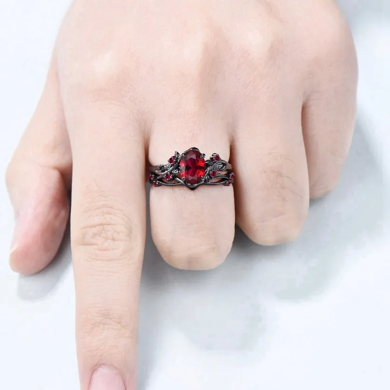 European and American New Retro Style Ruby Inlaid Gun Black Rose Branch Cross Women\'s Ring