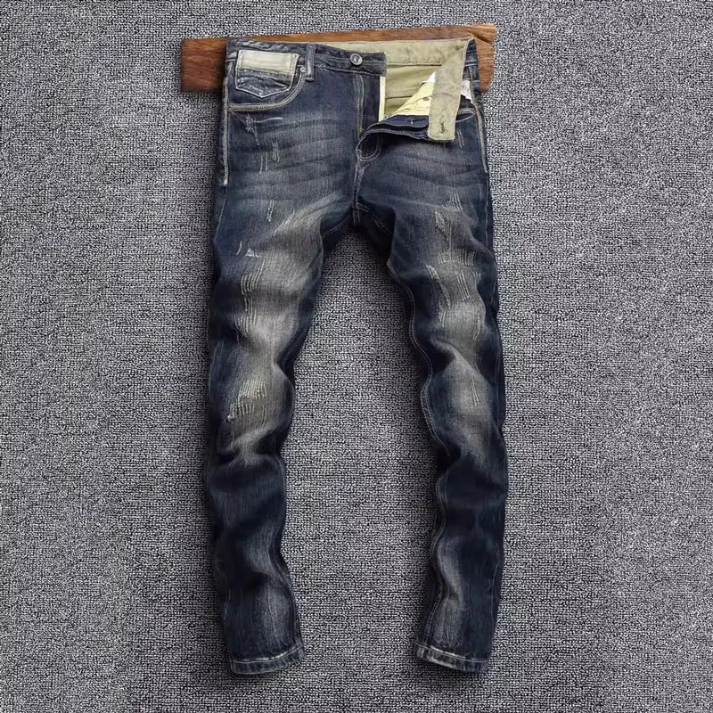 

Vintage Fashion Men Jeans High Quality Retro Black Blue Stretch Slim Fit Ripped Jeans Men Pocket Designer Denim Pants Hombre