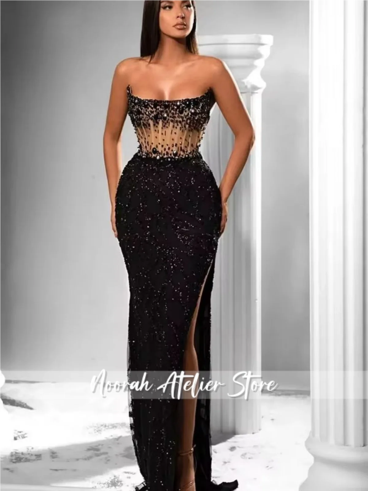 カスタマイズされた光沢のあるビーズのイエローのストラップレスの豪華なイブニングドレス2025スカーフマーメイド女性ドバイロングキラキラパーティガウン