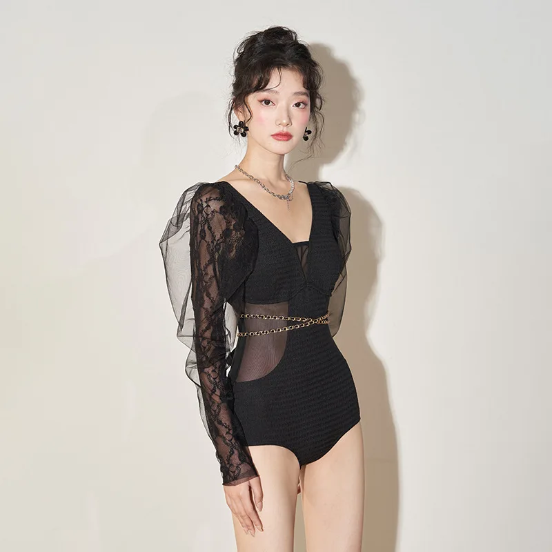 Wisuwore One-piece Swimsuit Women\'s Conservative Long-sleeved Coverup 2023 Korean Ins-style Slim Fashionable Hot Spring Swimsuit