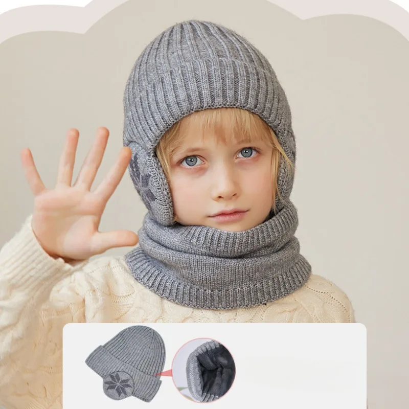 Children Hat Scarf Set Kids Beanie Caps Knitted Scarf Cap Ear Protection Winter Fleece Warm Scarf Hat for Baby Boys Girls 4-10Y