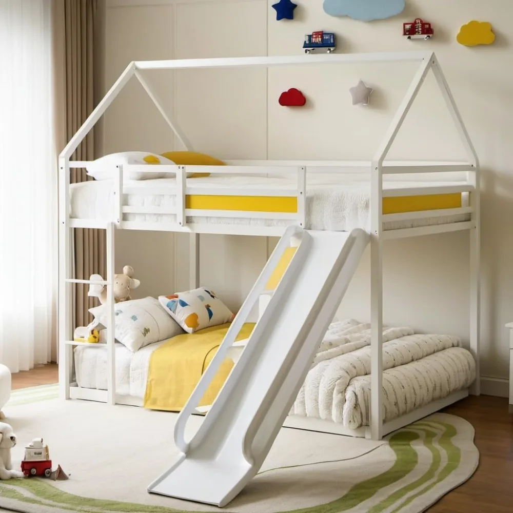 

Bunk Bed Twin Over Twin with Slide for Girls,Boys,Twin House Bunk Bed Frame with Guardrail & Ladder,Noise-Free,Easy Assemble,No
