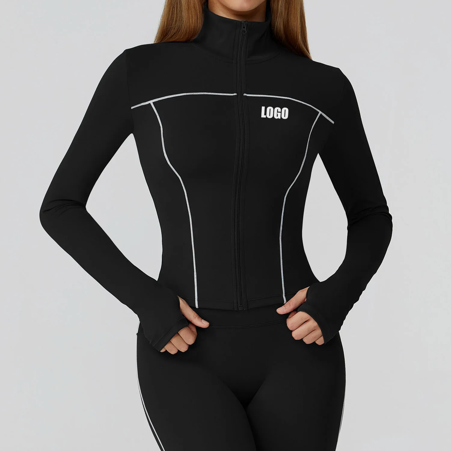 

Customized LOGO women's new contrasting color yoga jacket zipper windproof slim outdoor sports running fitness jacket top