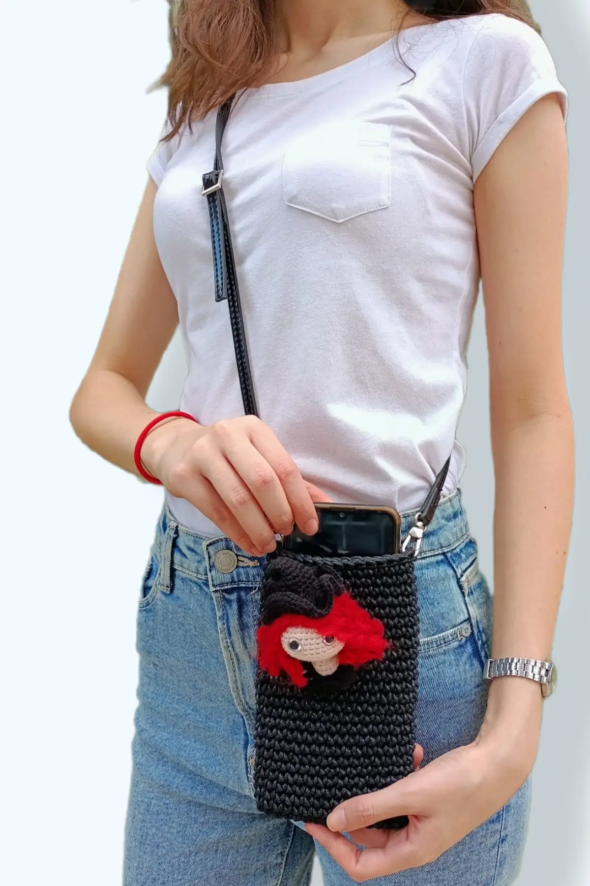 

Uras Fairy Tale Women Black Handmade Braided Phone Bag/mini bag Amigurumi Detaylı Women Bag Shoulder bag Handmade