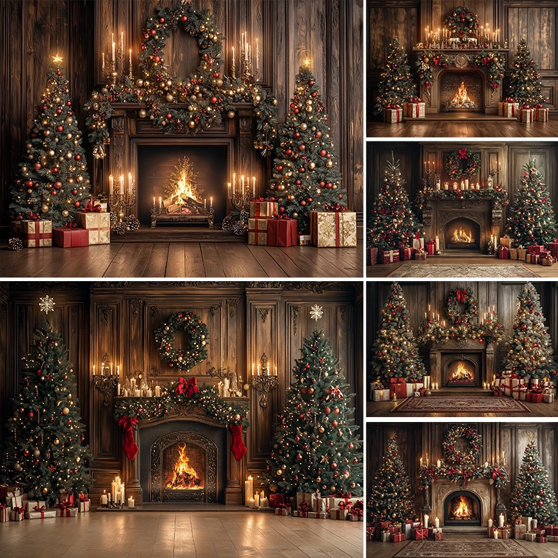 

LS Christmas Backdrops for Photography Fireplace Christmas Tree Decor Background Rustic Wood Photocall Background Photo Studio