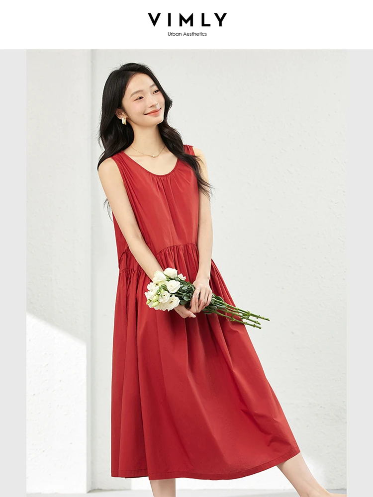 

VIMLY Sleeveless Summer Vacation Dress Woman 2025 Fashion 100% Cotton Folded Tied Loose Waist Midi Dresses Female Clothing A1221