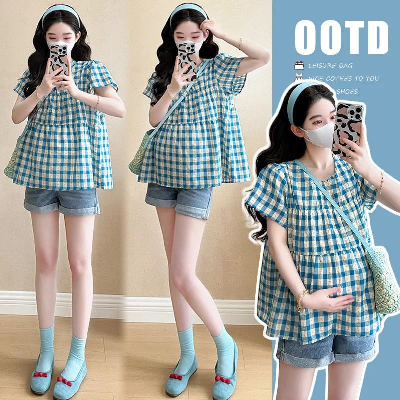 

Pregnant Women's Clothing 2025 Summer New Korean Sweet Age Reducing Small Fresh Plaid Doll Shirt, Stylish Slimming Top