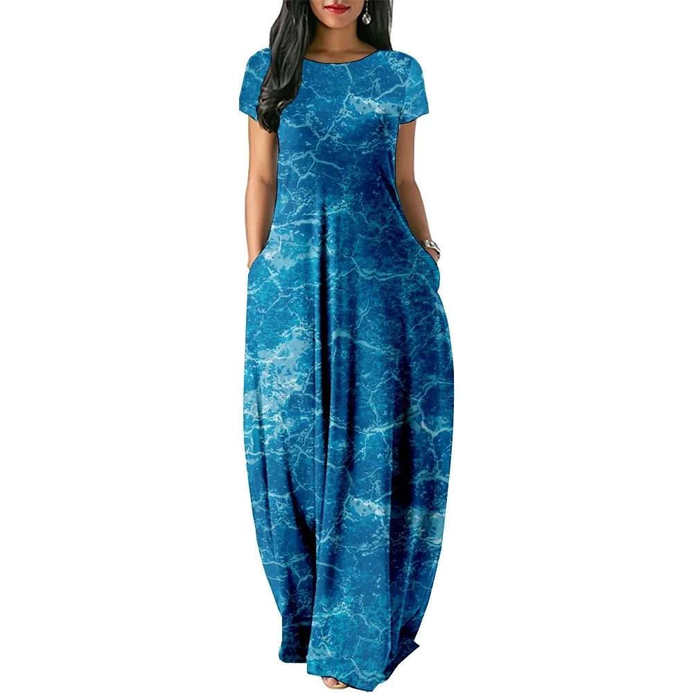 Water pattern Print Patchwork Print Women Casual Short Sleeve Dress Loose Long Double Pocket Beach Vacation Woman Dress