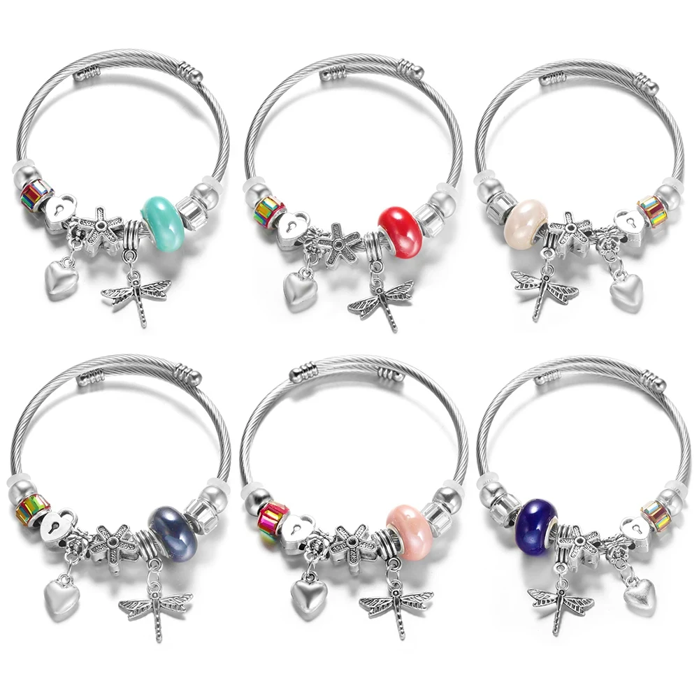 

Heart Shaped Dragonfly Pendant Stainless Steel Beaded Bracelet 6 Colors Painted Flowers Closure Bangles Bracelet Women Jewelry