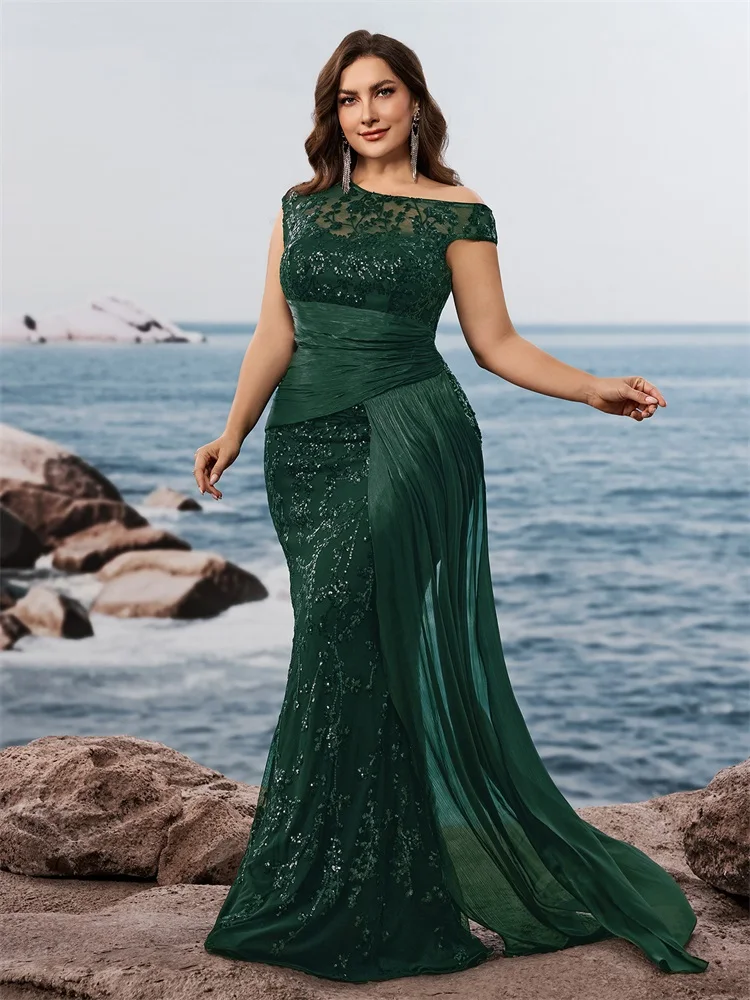 Lucyinlove Plus Size Elegant Sleevesless Sequins Patchwork Ribbon Formal Evening Dresses Luxury Green Floor-Lenght Party Prom