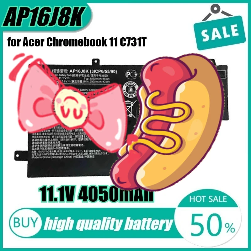 

11.1V 4050mAh AP16J8K Laptop Battery for Acer Chromebook 11 C731T C731 AP16J5K CB311-7H