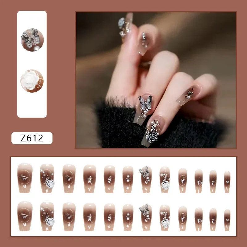 24 Pcs False Nails for Beautiful Gluing Prosthetic Nail Set 2024 Long Black 3d Butterfly Flower Long Press on Nails with Charms