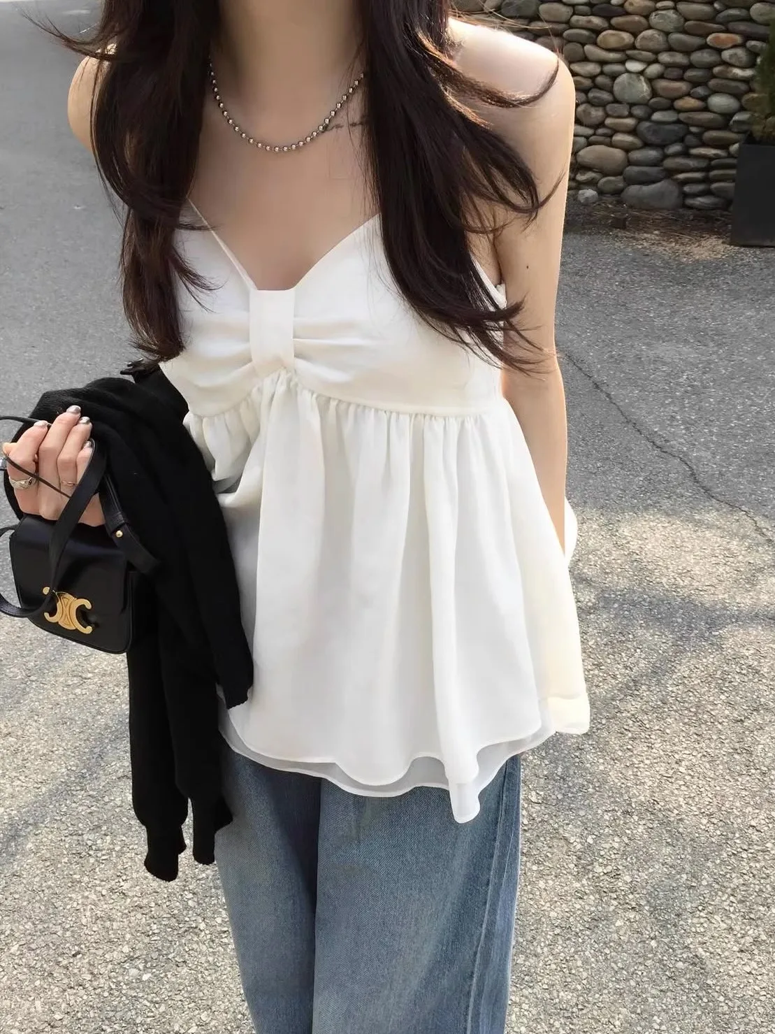 

Chic Double Layered Blouse Women's Knot Waist-Cinching Sweet Anti-aging Top Trendy ort Length Color Polyester