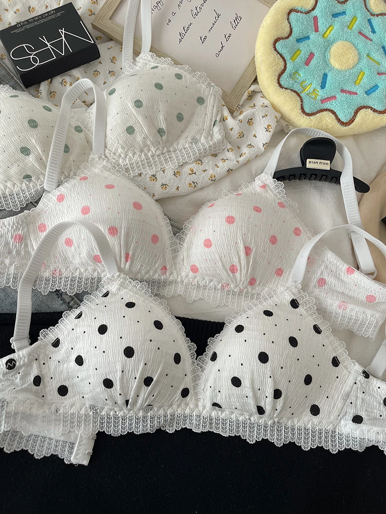 French Sweet Triangular Cup Underwear Gathered Without Steel Rims Anti Sagging Breasts Polka Dot Lace Bra