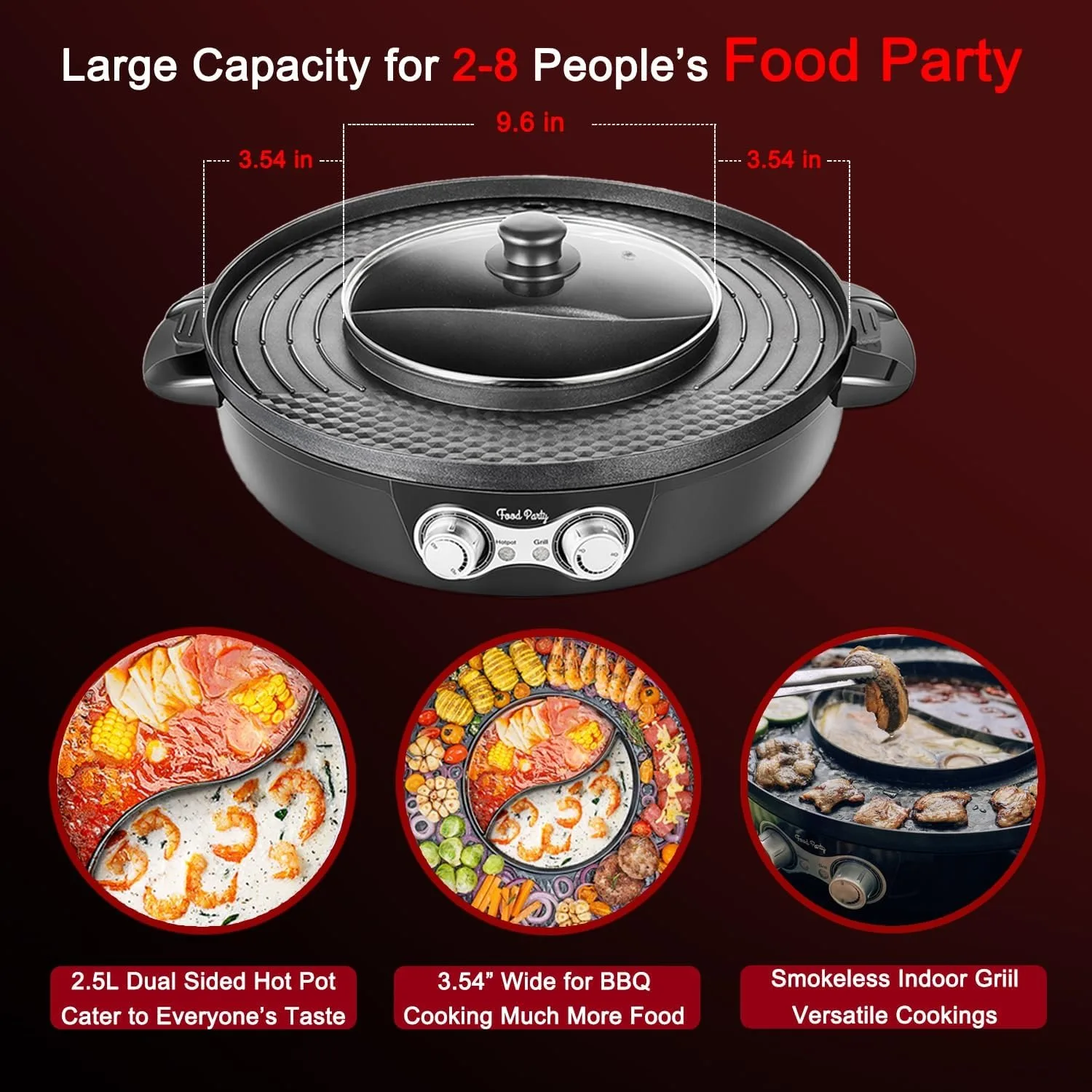 Electric Smokeless Grill and Hot Pot, With Separable Cooking Plate, Deluxe Combo of 1 Recipe Book, Tong,Oil Brush, Pack