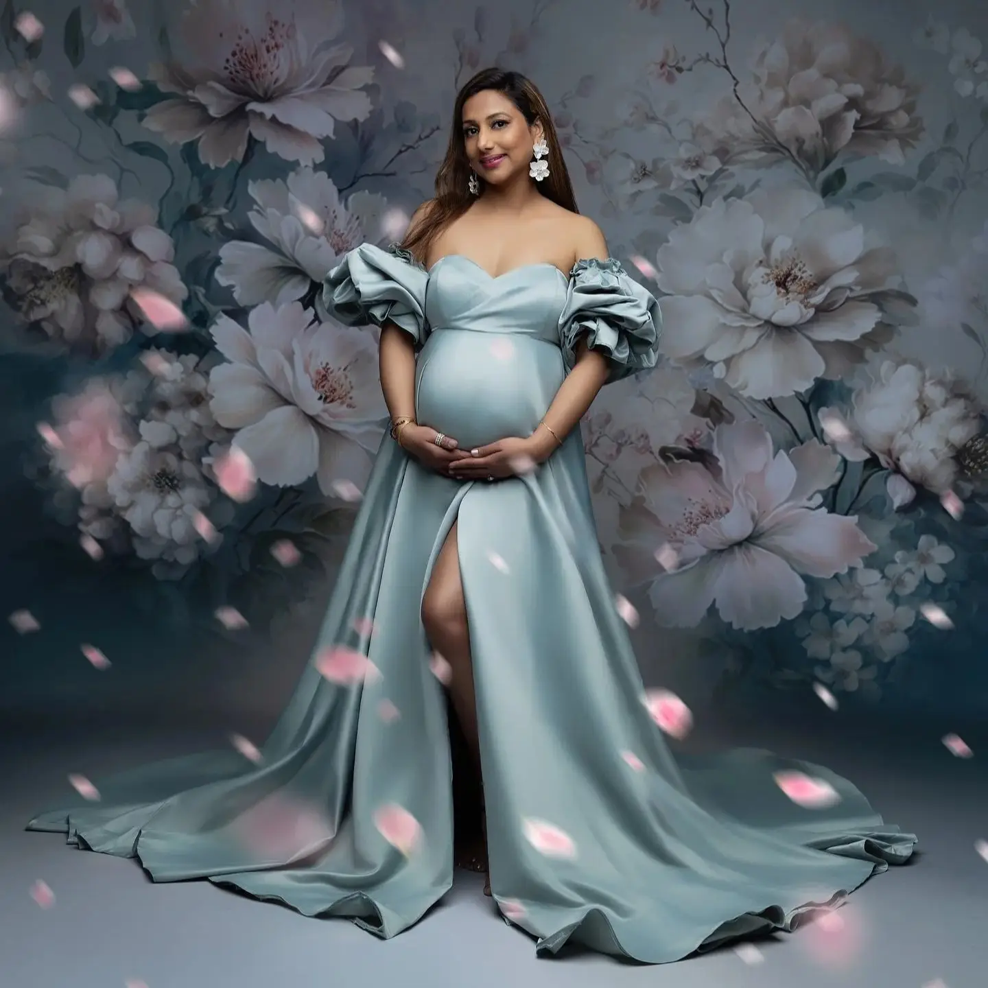 

Simple Light Blue Maternity Robes Sweetheart Stain Slit Prom Robe Photography Props Customized Pregnancy Baby Shower Gowns