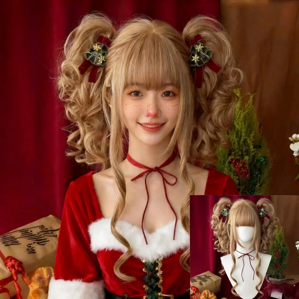 

Sweet Lolita Light Brown Twin-Tail Wig, Christmas-Style Fluffy Curls, Elegant Holiday Party Synthetic Wig, Cosplay Wig