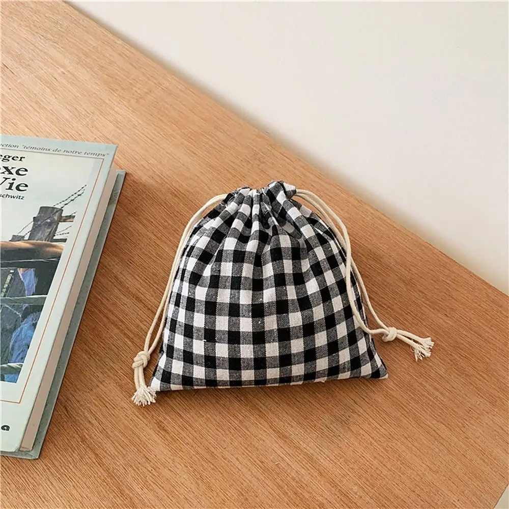 

Cotton Linen Grids Drawstring Bag Pastoral Literary Style Coin Purse Pull Rope Pouch Jewelry Storage Bag Women Girls Ladies