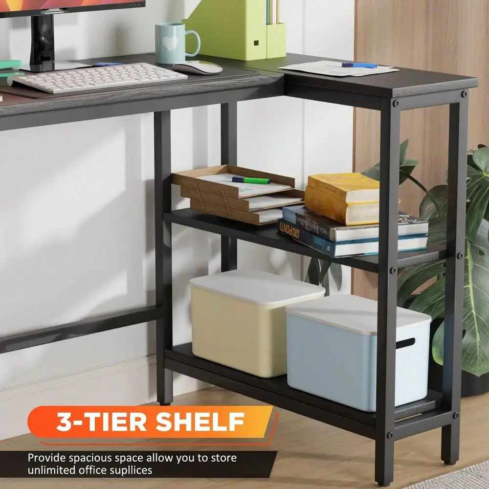 Inch Black LShaped Gaming Desk Reversible Storage Shelves, Durable Metal Frame, Corner Computer Workstation For Home Office Stu