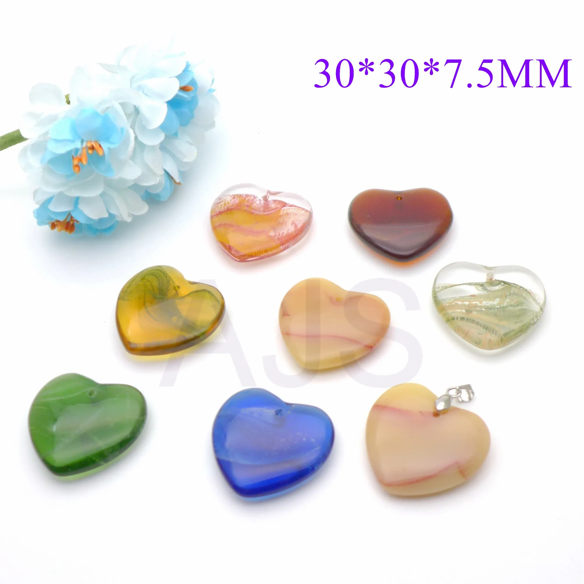 14pcs 30*30MM Crystal Coloured Glaze Azure Stone Smooth Heart Love Shape Pendants Charms Necklace Earrings for Jewelry Free Ship