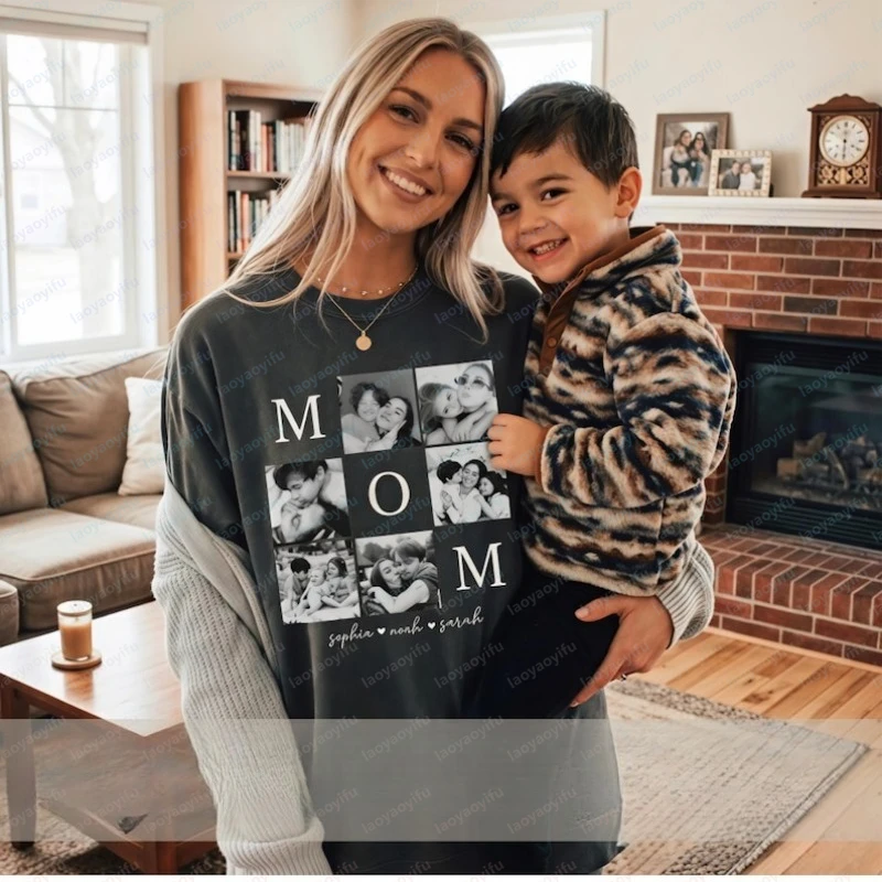 Fashion Retro Style Custom Mom Photo Shirt Personalized Mothers Day Shirt with Children's Names Fun Birthday Mom Gift Cotton Tee