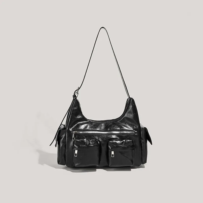 

Y2K style black ladies retro multi-pocket design shoulder bag PU leather versatile casual handbag daily use work commuter bag