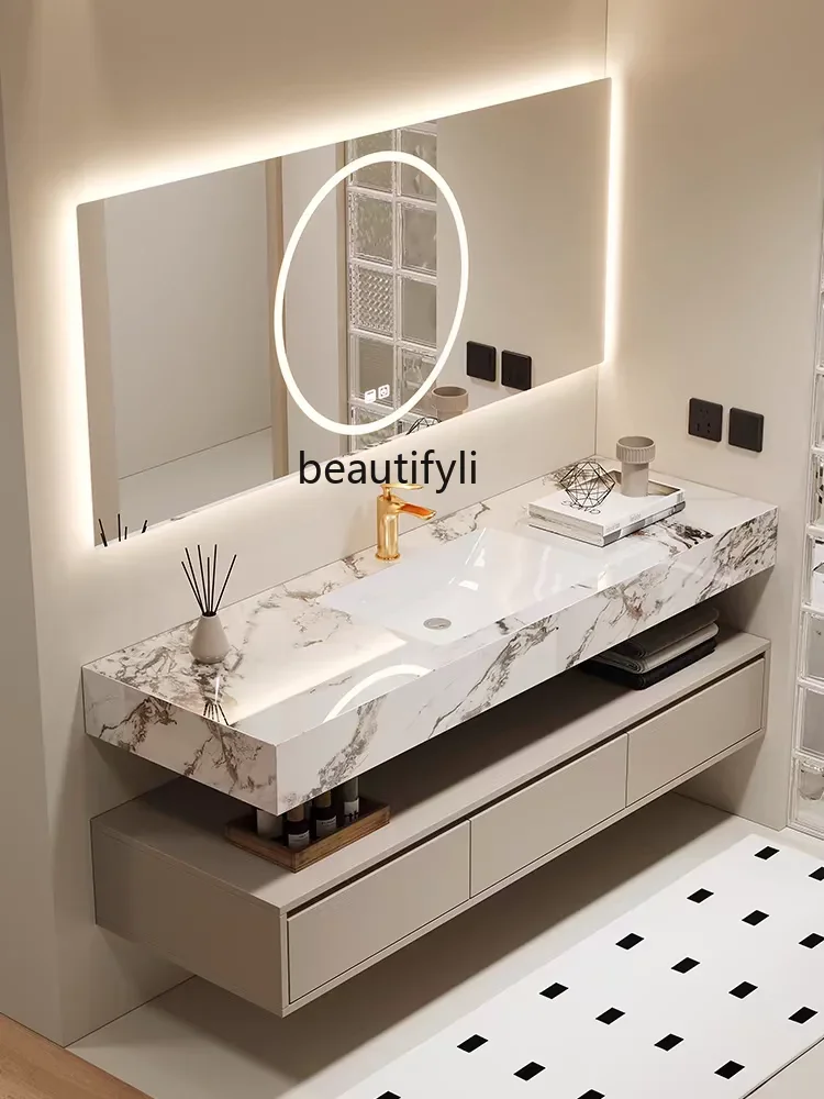 

Stone Plate Seamless Whole Washbin Bathroom Cabinet Combination Hotel Cream Style Bathroom Table Smart Mirror