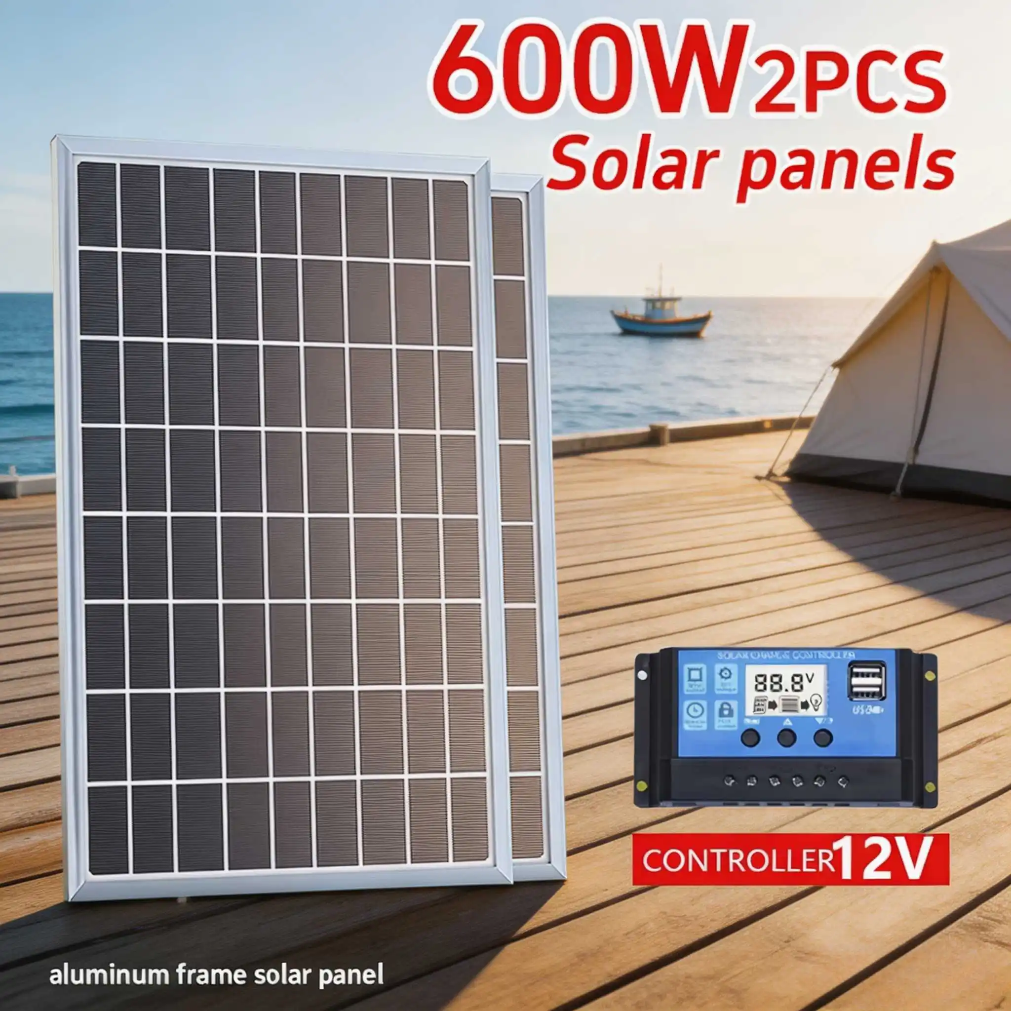 300W/600W Solar Battery Charger Kit with 100A Controller – Portable Power for Outdoor Camping, RV, and Off-Grid Travel