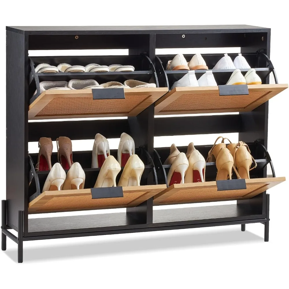 

Тумба для обуви из ротанга, узкий органайзер для хранения обуви с 4 откидными ящиками, тонкий шкаф для обуви в прихожую с металлическими ножками