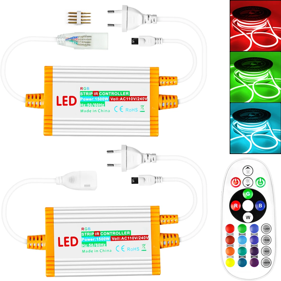 Imagem -02 - Impermeável Dimmable Led Strip Light com Controle Remoto Rgb Neon Light 24key ir Controlador 1500w 110v 220v Ip68 5050 2835