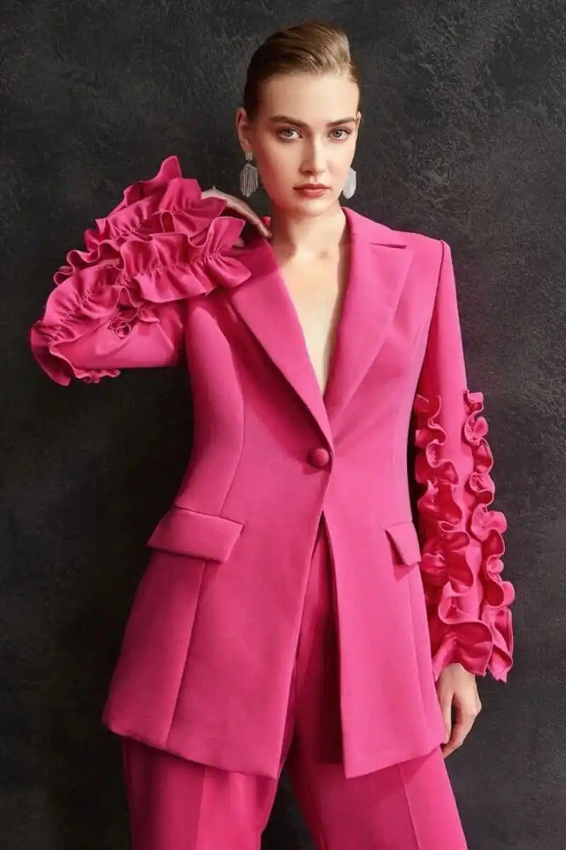 Elegant 2 Pieces Women Suits Dresses Peaked Lapel One Button Blazer Loose Customized Ruffle Sleeve Power Gown