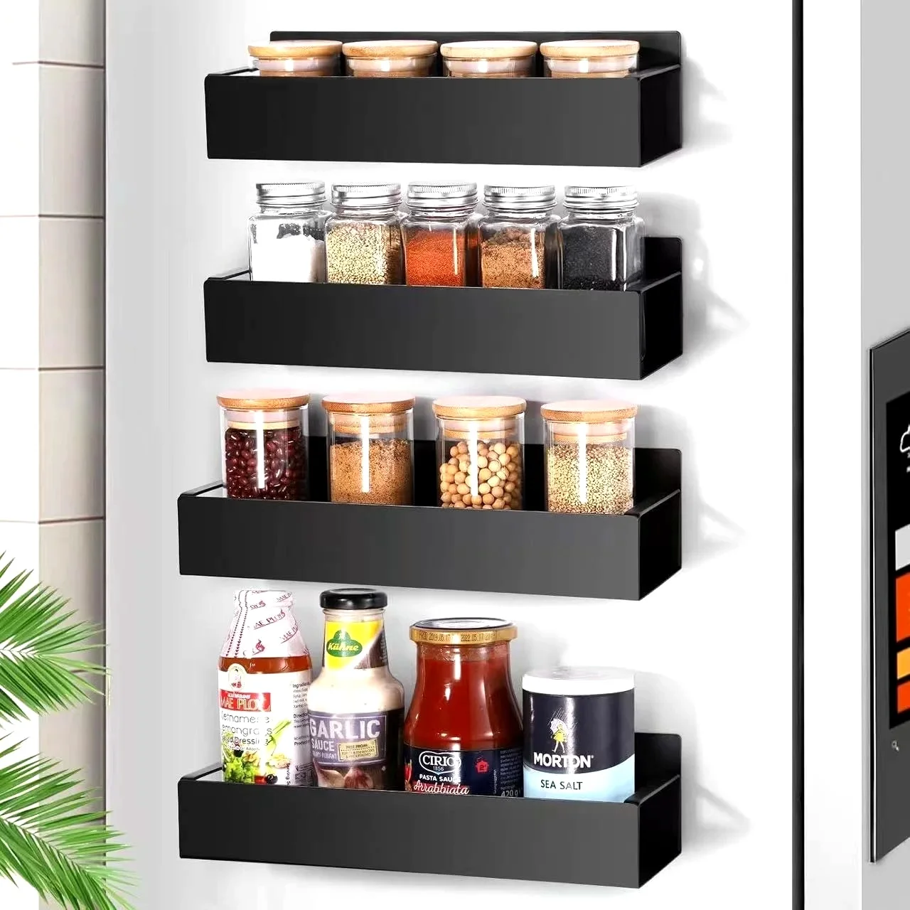 2 Pack Magnetic Spice Rack for Refrigerator Kitchen Magnetic Fridge Shelf Black No Drill Spice Food Organizer Black Jar Holder