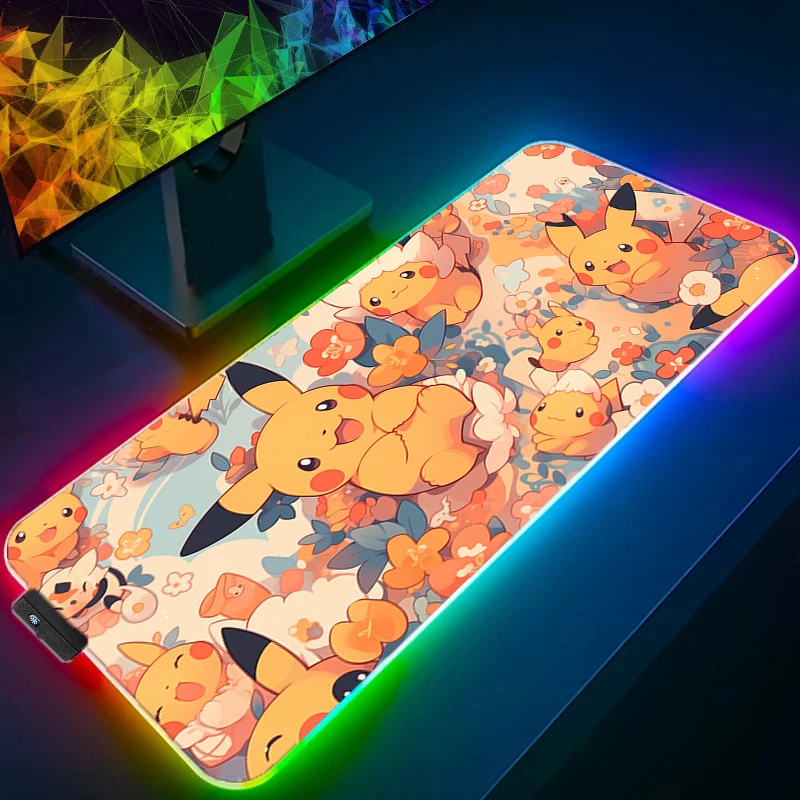 

LED Light Desk Mat XXL Computer P-pokemon P-Pikachu Mousepad Backlight Keyboard mat Gaming Mouse Pad RGB Carpet Kawaii Girl Gift